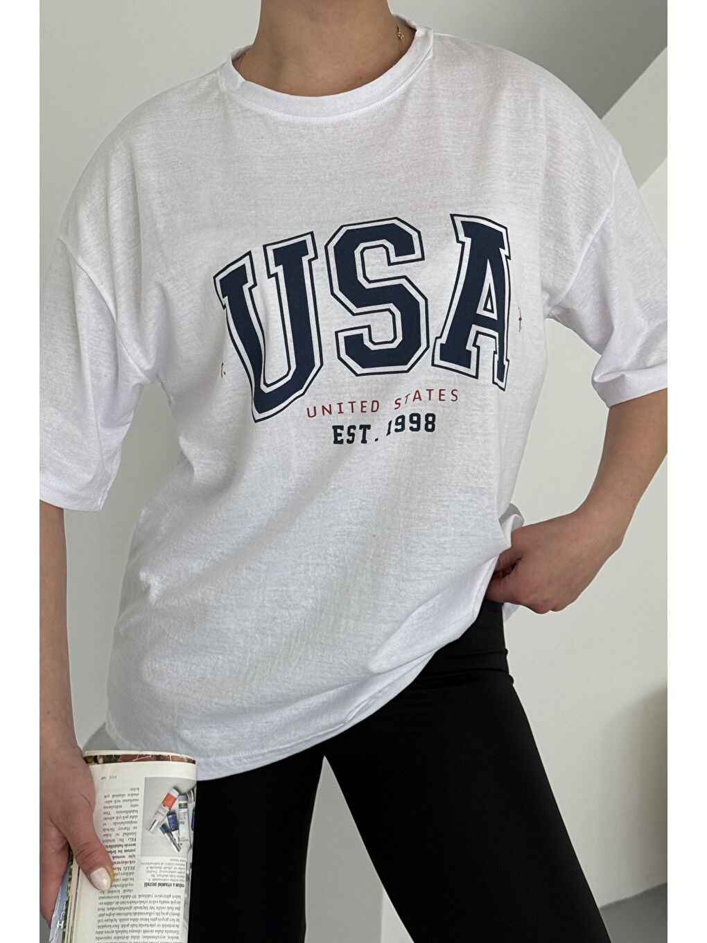 Kadın Beyaz Bisiklet Yaka USA Baskılı Oversize T Shirt-2