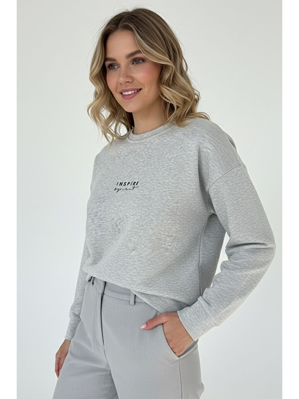 Baskılı İki İplik Sweatshirt Gri - 27990-GRI