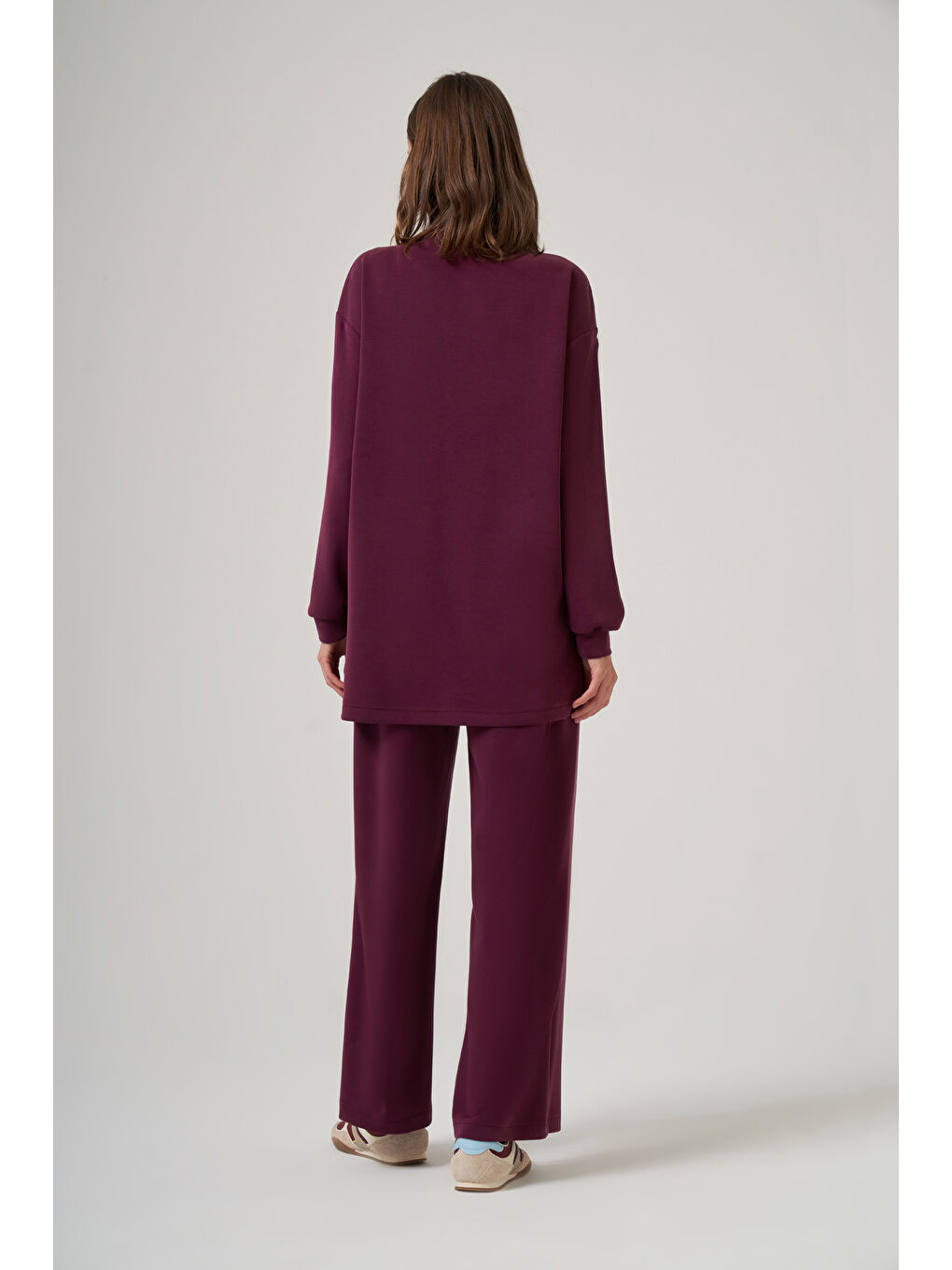 Fermuar ve Nervür Detay Tunik Pantolon Takım 1077 Mürdüm-4