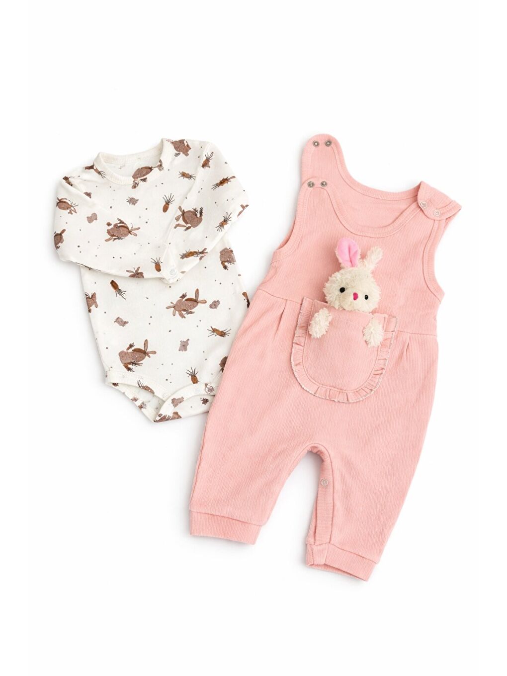 Pembe Kız Bebek 2li Salopet Takımı Oyuncaklı Tulum 2 Parça Yenidoğan Kıyafeti Pamuklu