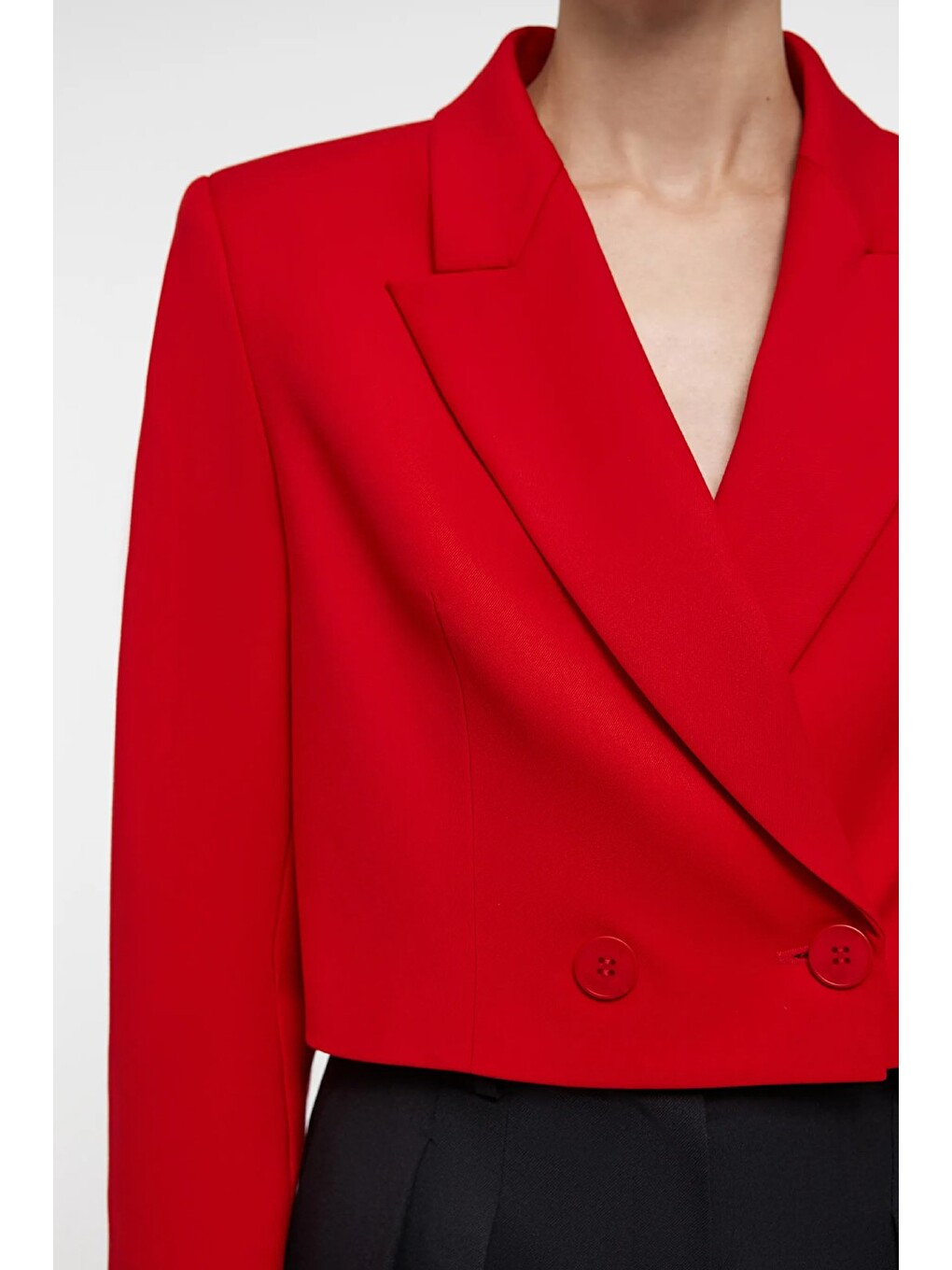 Kırmızı Kadın Regular Fit Kruvaze Kapama Dokuma Crop Blazer Ceket -Şık & Spor-2