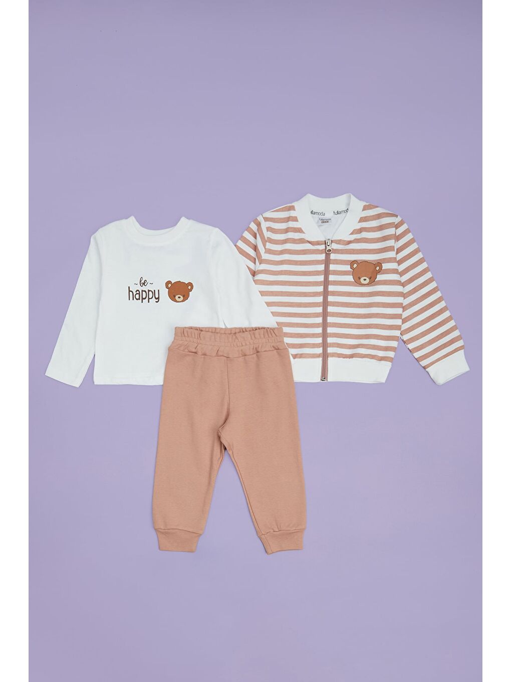 Pembe Çizgili Ayıcık Baskılı Kız Çocuk 3 Lü Takım