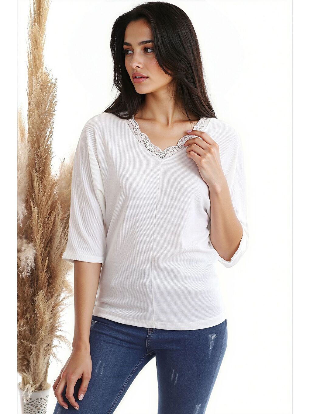 Ekru Kaşkorse Yaka Dantelli Yarasa Kol Bluz EKRU-3