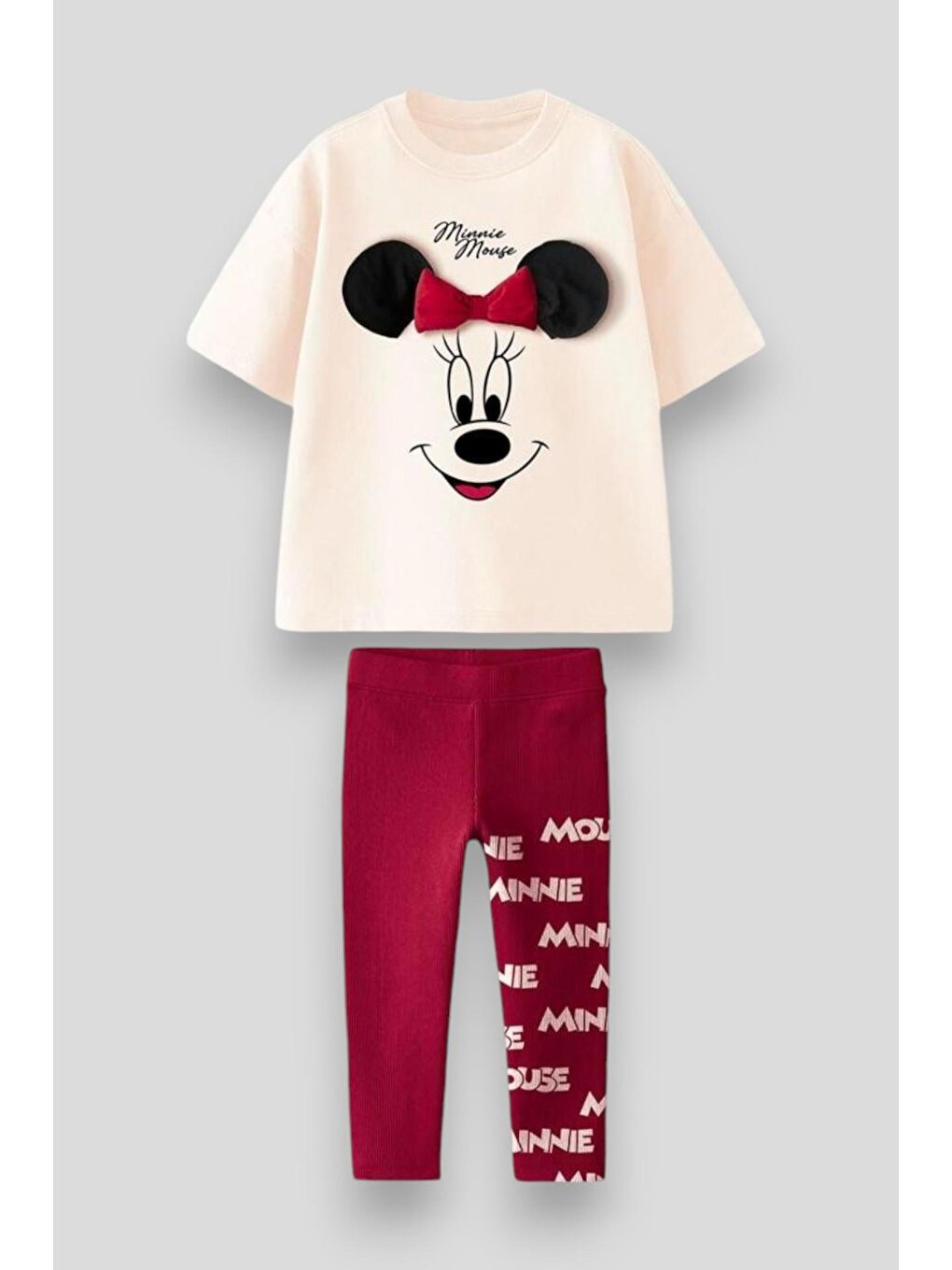 Beyaz Kız Çocuk Pamuklu Krem Bordo Takım - Fiyonklu Tasarım