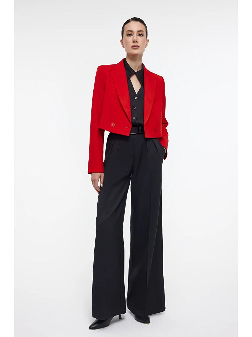 Kırmızı Kadın Regular Fit Kruvaze Kapama Dokuma Crop Blazer Ceket -Şık & Spor-3