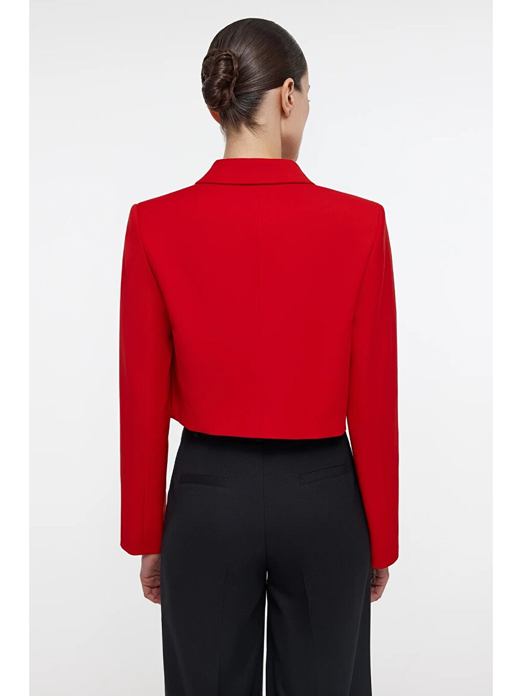 Kırmızı Kadın Regular Fit Kruvaze Kapama Dokuma Crop Blazer Ceket -Şık & Spor-4