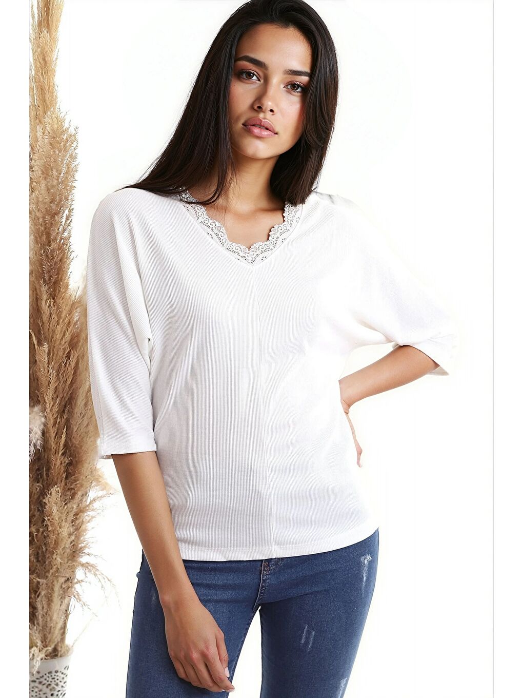 Ekru Kaşkorse Yaka Dantelli Yarasa Kol Bluz EKRU-4