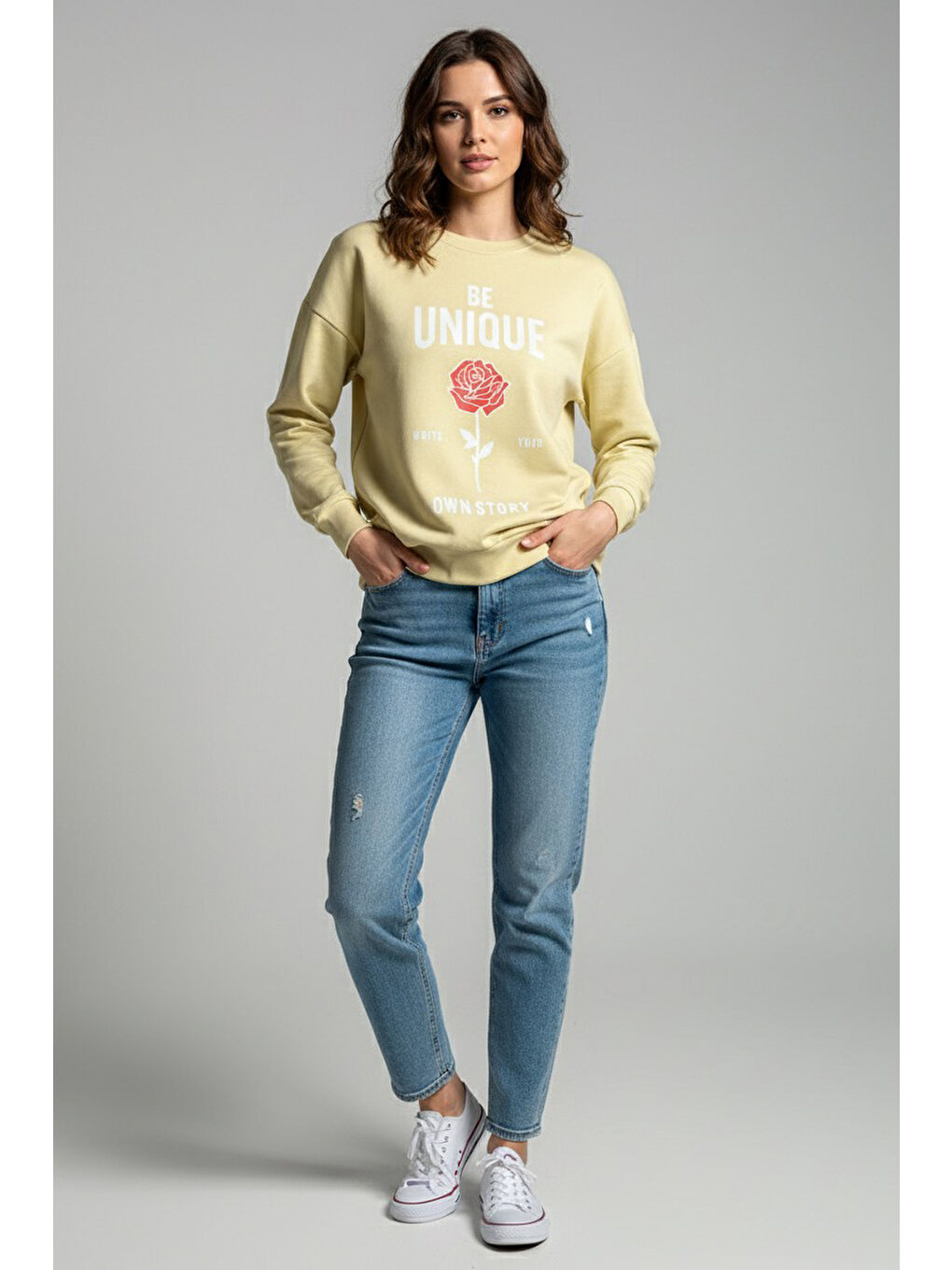 Ekru Baskılı İki İplik Sweatshirt Krem - 27992-KREM