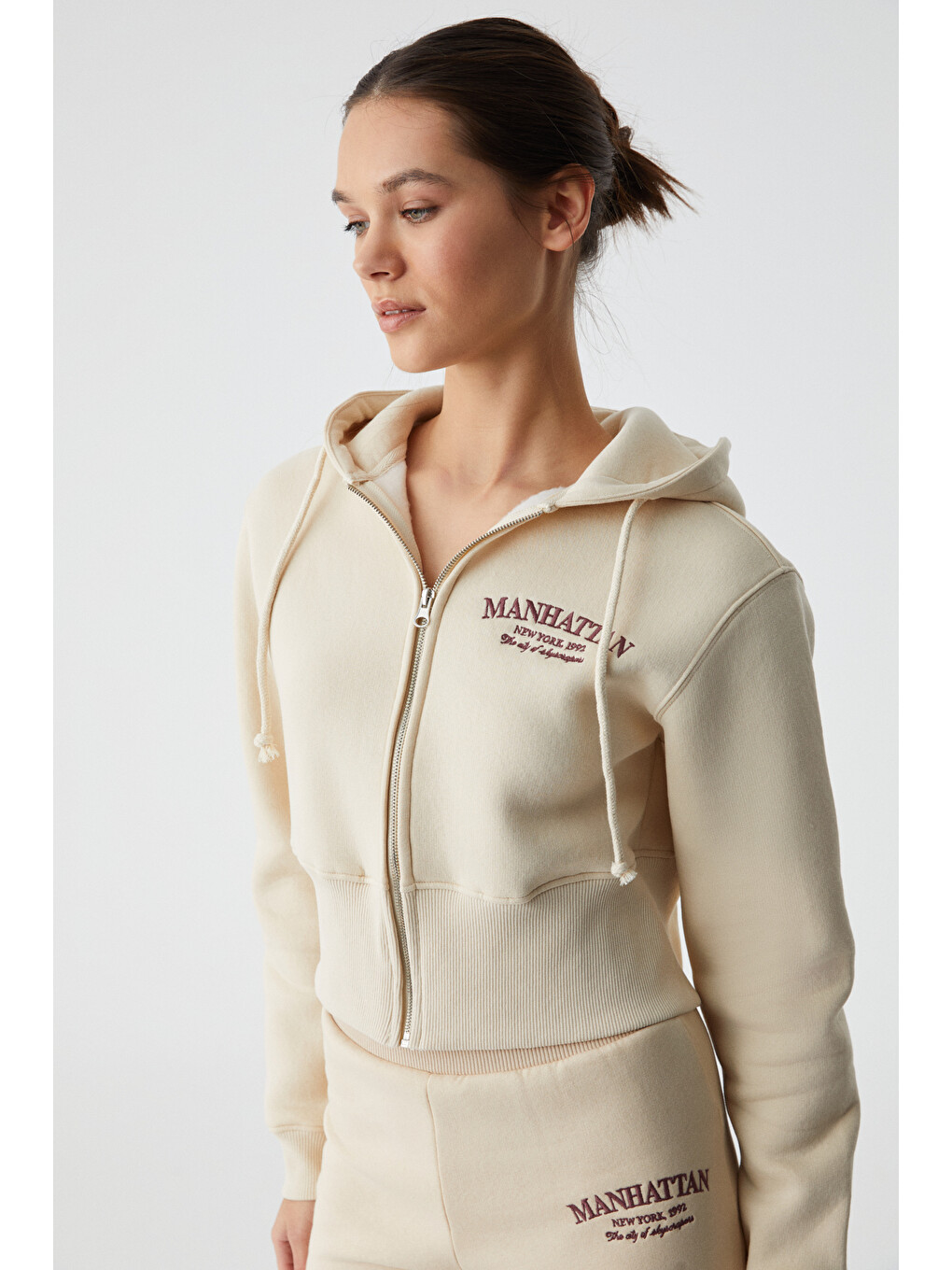 Bej Iressıne Kadın Kapüşonlu Fermuarlı Uzun Kollu Regular Taş Sweatshirt-2