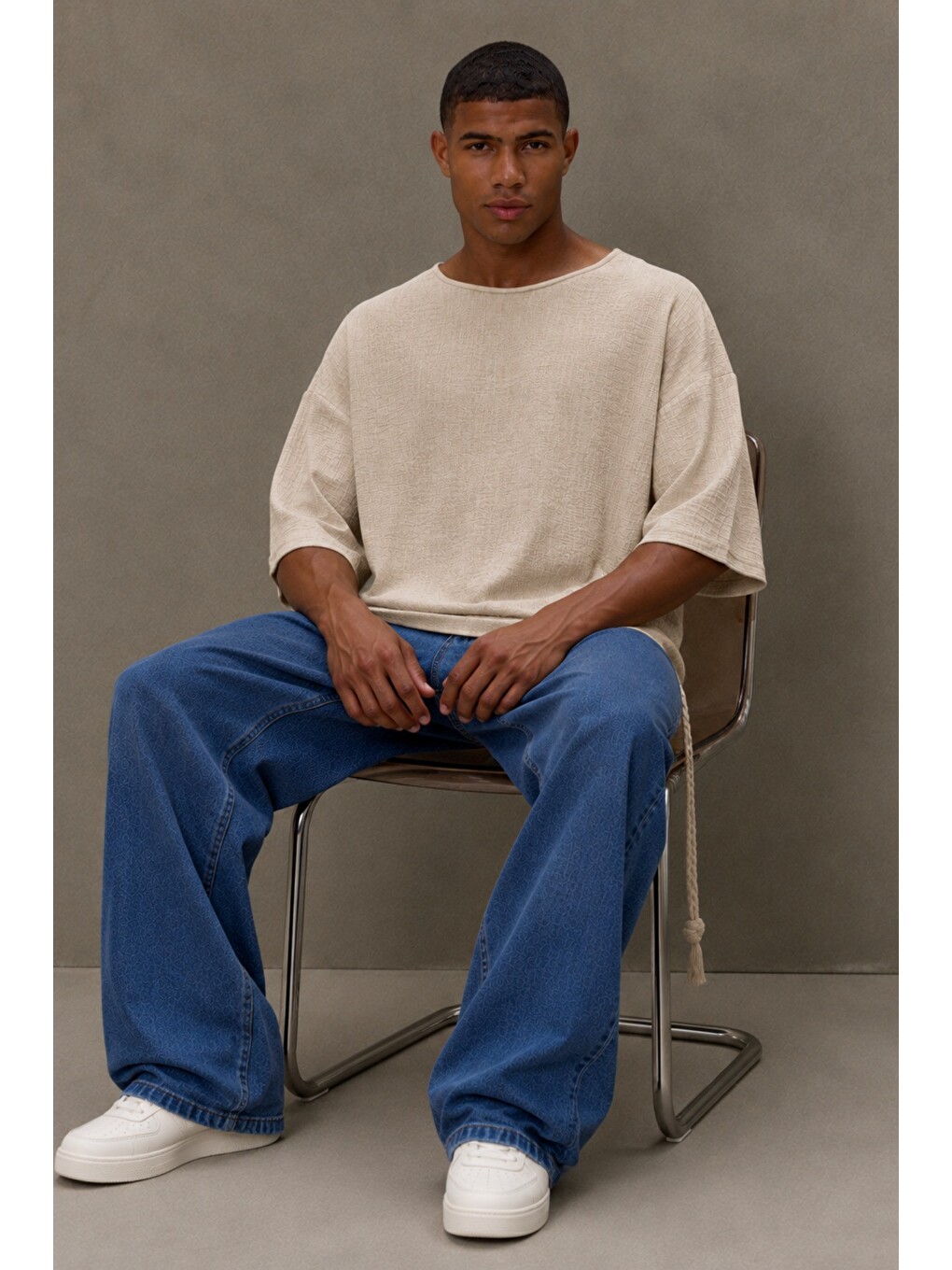 Bej Erkek Oversize Keten Görünümlü Basic Tişört – Salaş Kesim Bisiklet Yaka Günlük Streetwear T-shirt-2