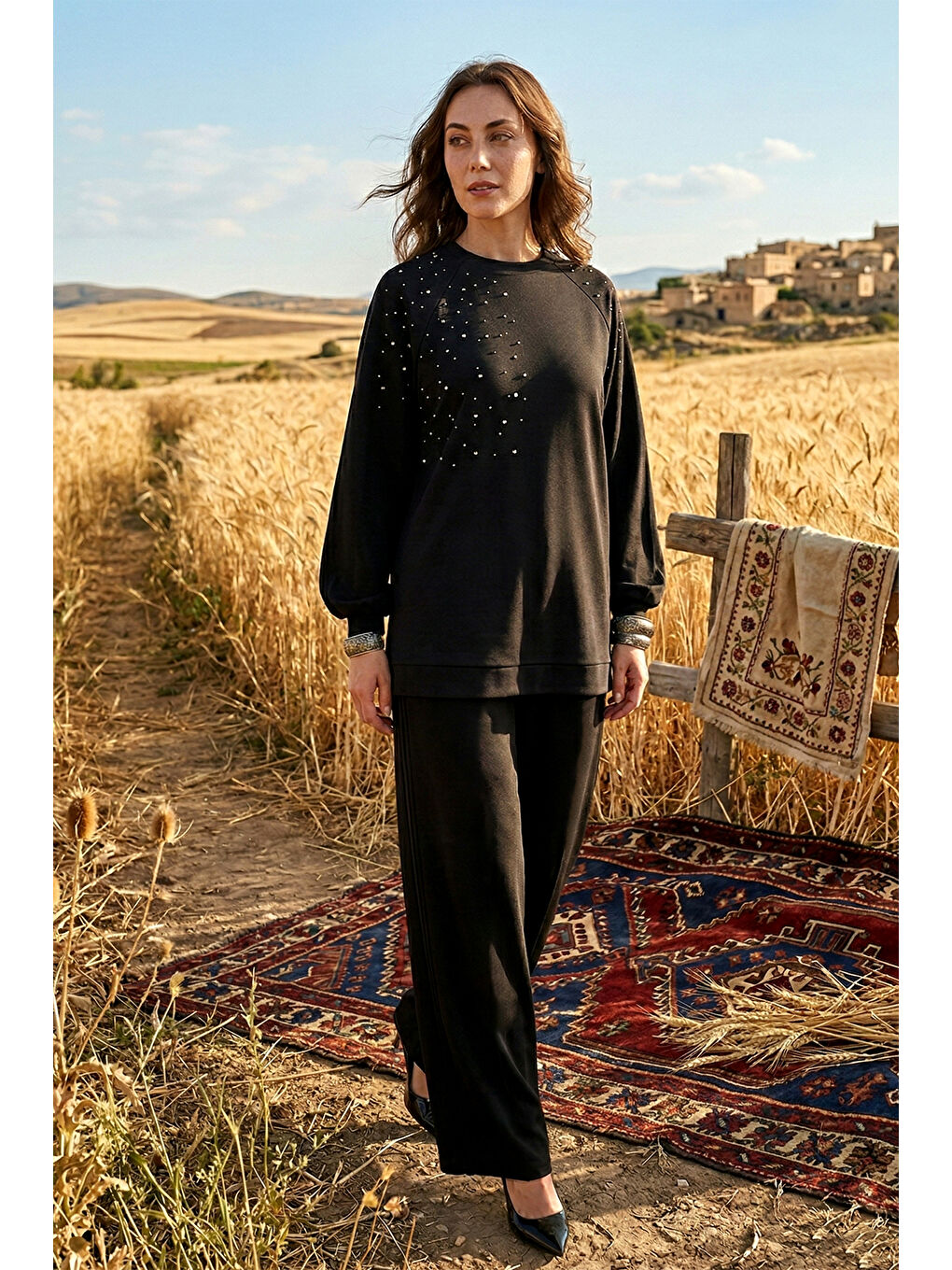 Taş Zımba Detay Tunik Pantolon Takım 1076 Siyah-1