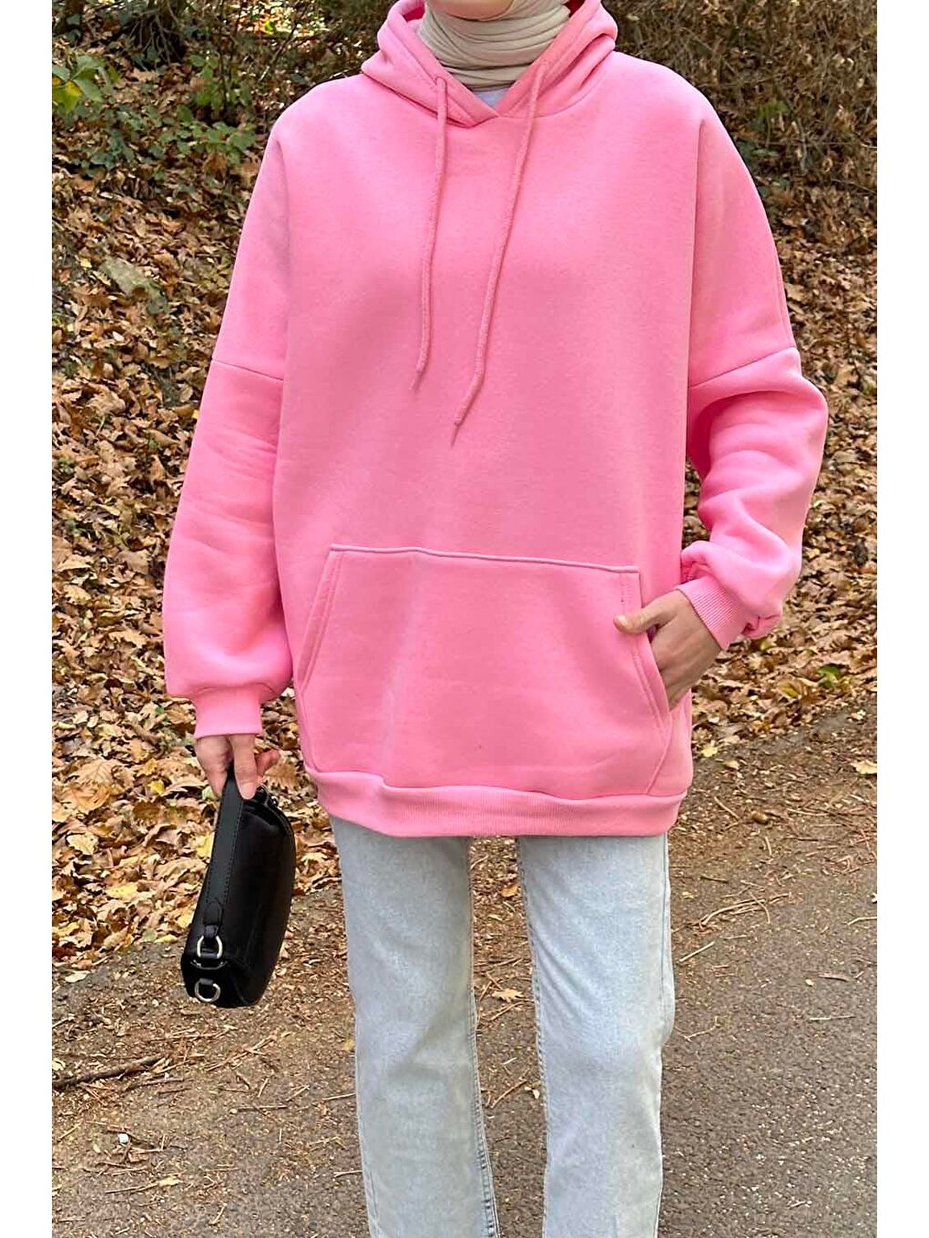 Üç İplik Kanguru Cep Sweatshirt Pembe-2