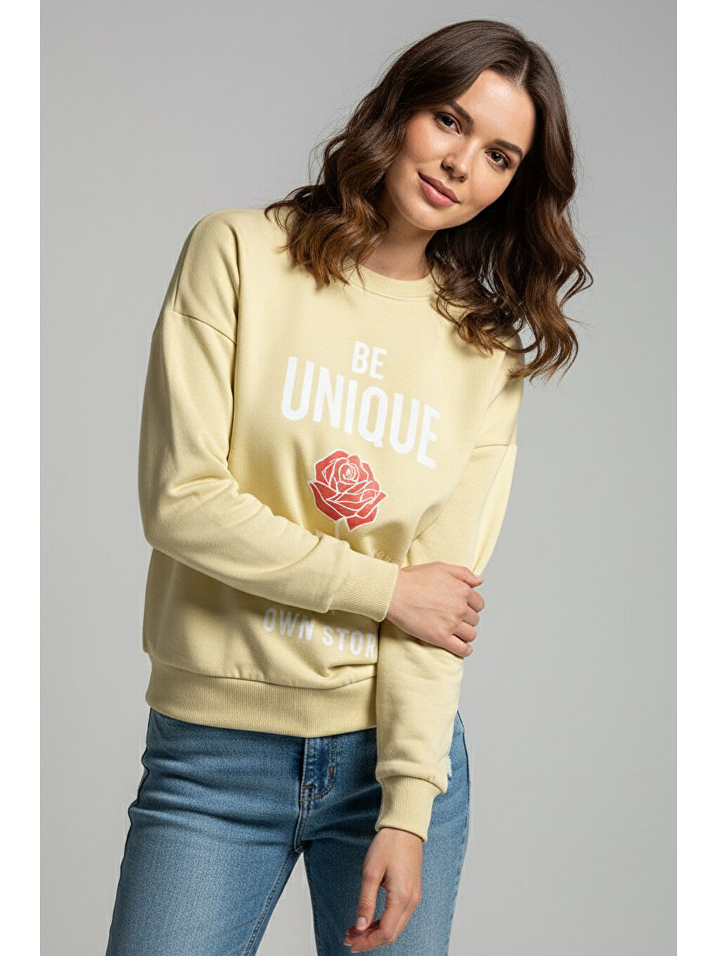 Ekru Baskılı İki İplik Sweatshirt Krem - 27992-KREM-1