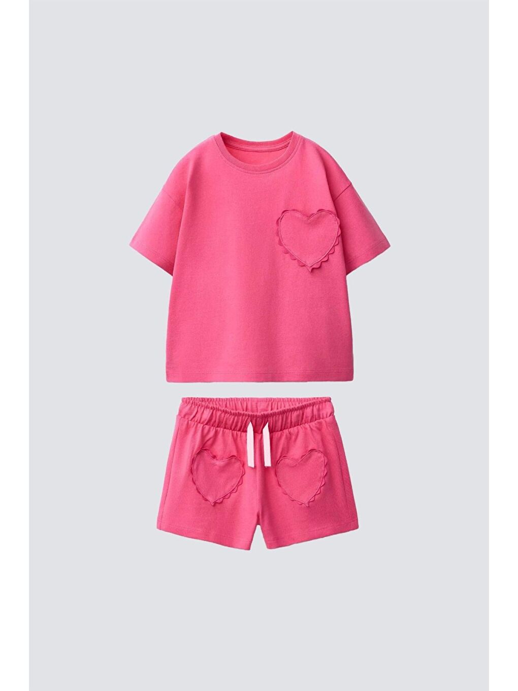 Kız Çocuk Pamuklu Pembe Kalp Cepli T-Shirt Şort Takım-3