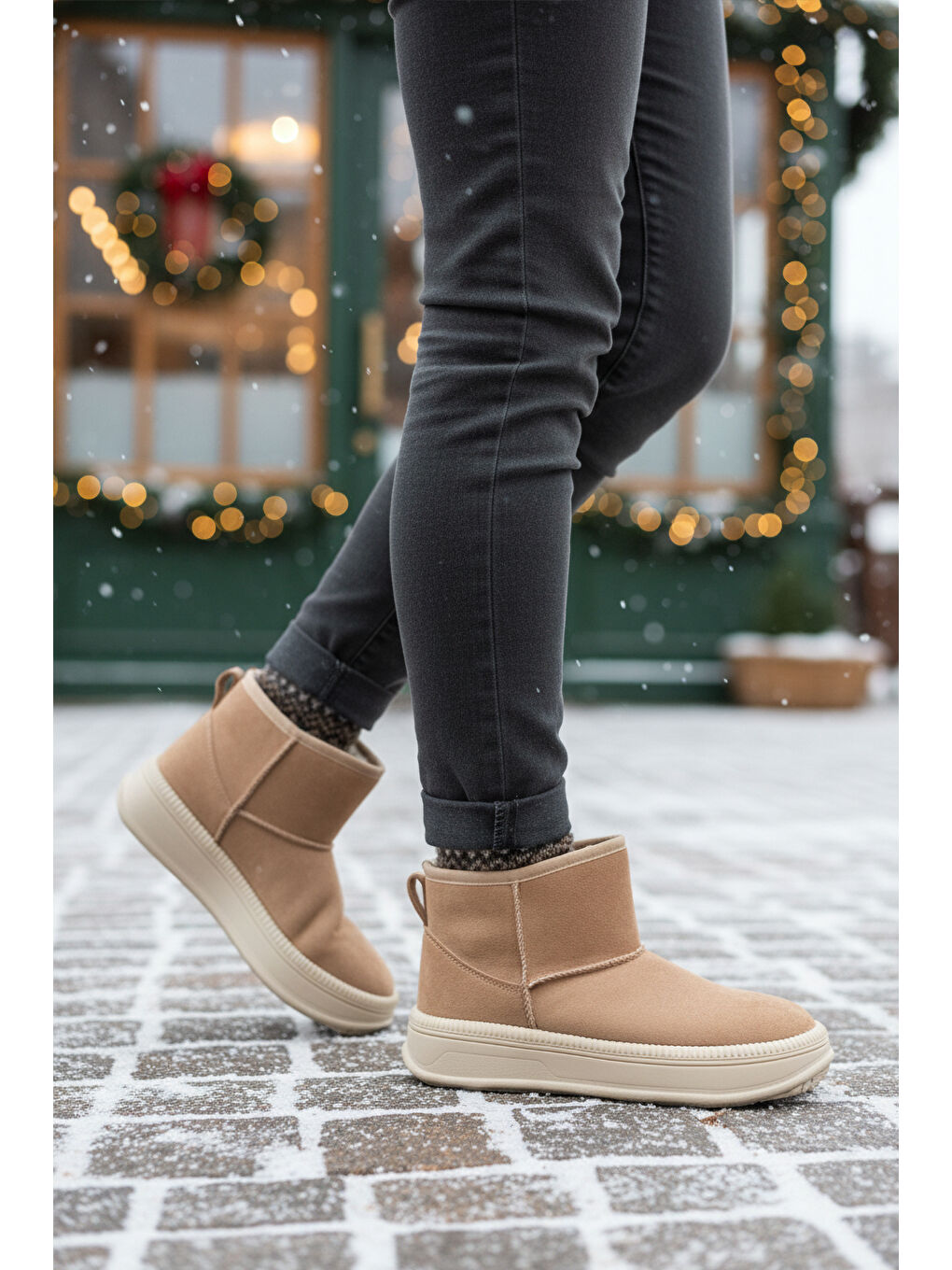 Bej Vizon Nubuk Kürklü Soğuğa Dirençli Kaymaz Kadın Bot 25001 Z-2