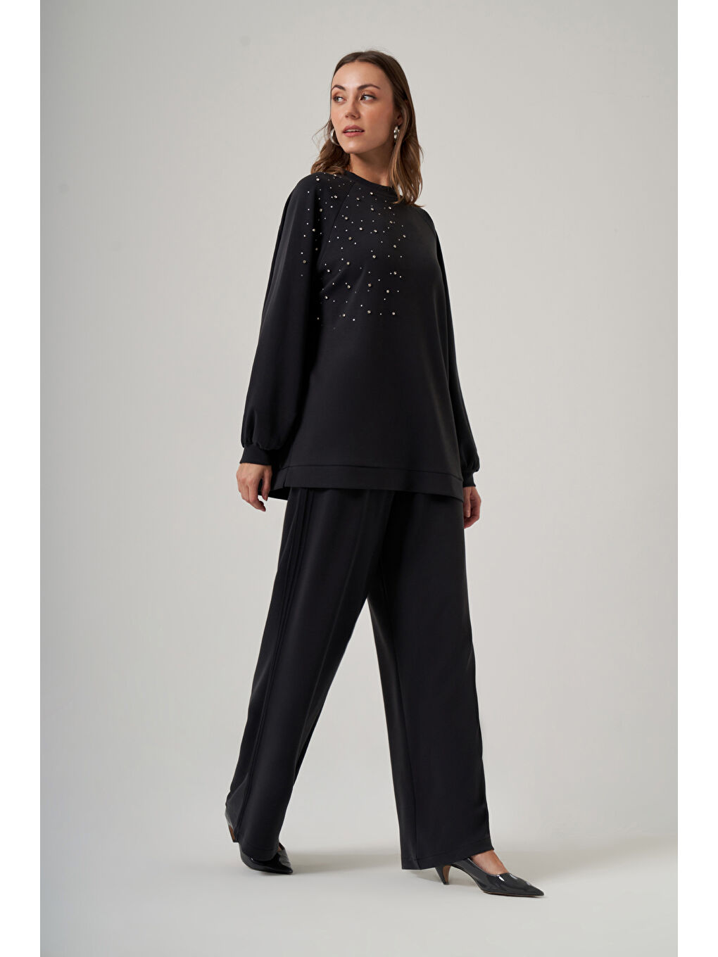 Taş Zımba Detay Tunik Pantolon Takım 1076 Siyah-2