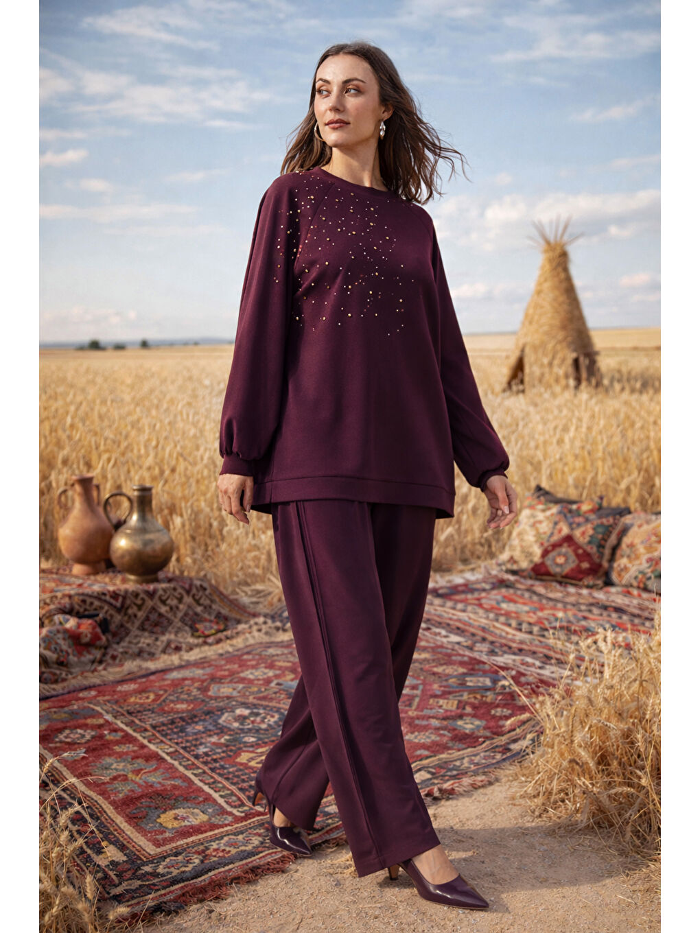 Taş Zımba Detay Tunik Pantolon Takım 1076 Mürdüm