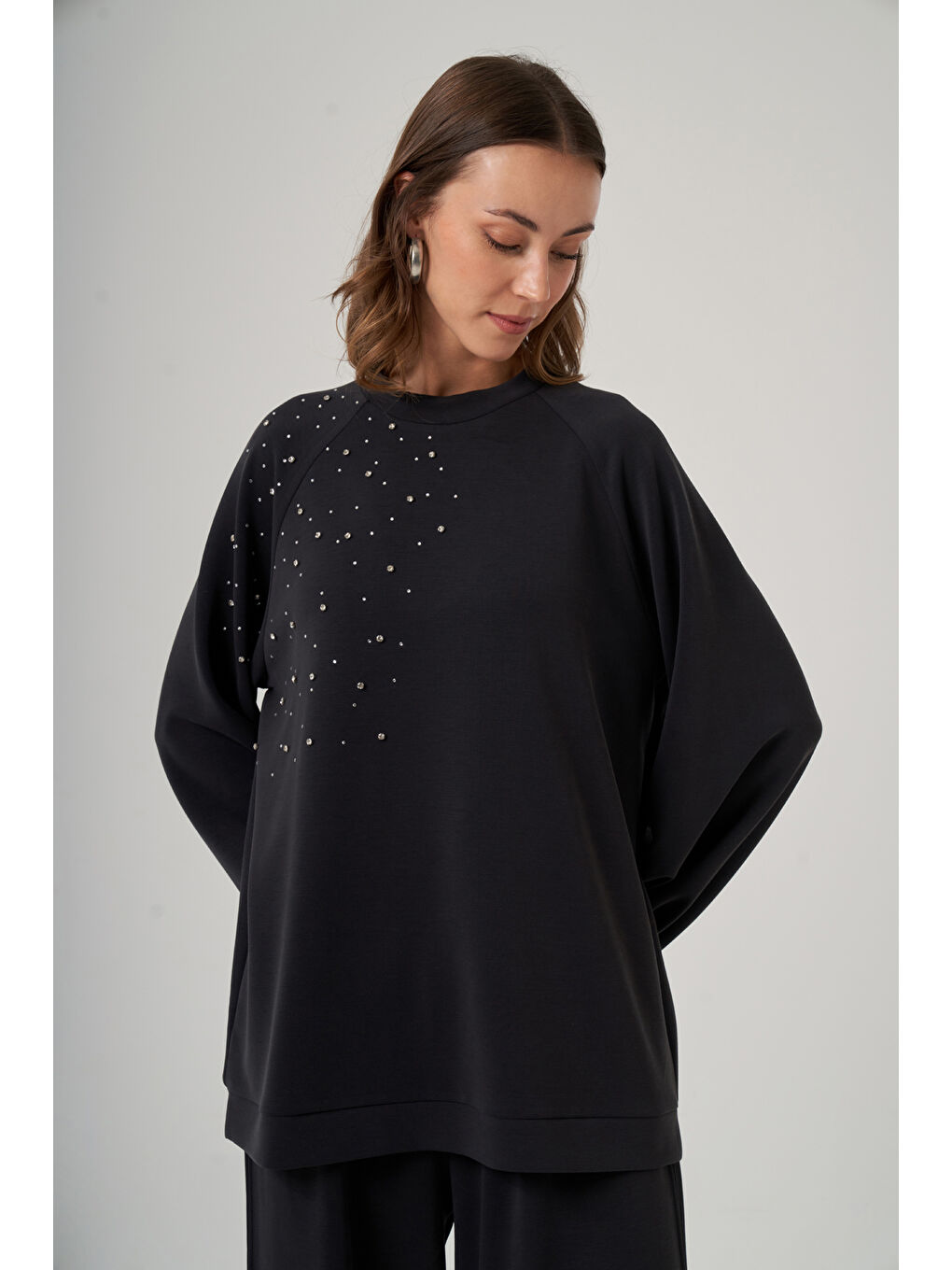 Taş Zımba Detay Tunik Pantolon Takım 1076 Siyah-3
