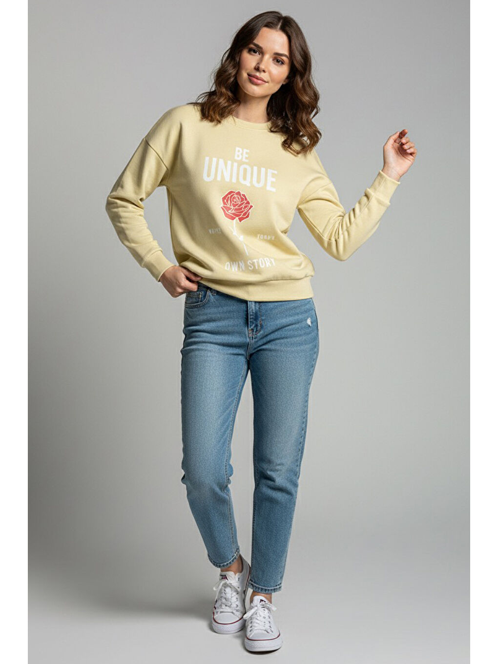 Ekru Baskılı İki İplik Sweatshirt Krem - 27992-KREM-2