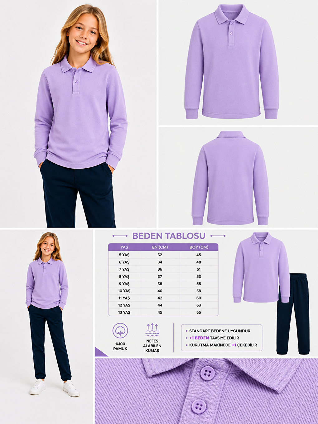 Lila Kids Polo Yaka Basic Uzun Kollu Unisex Kız Çocuk Tişört-1