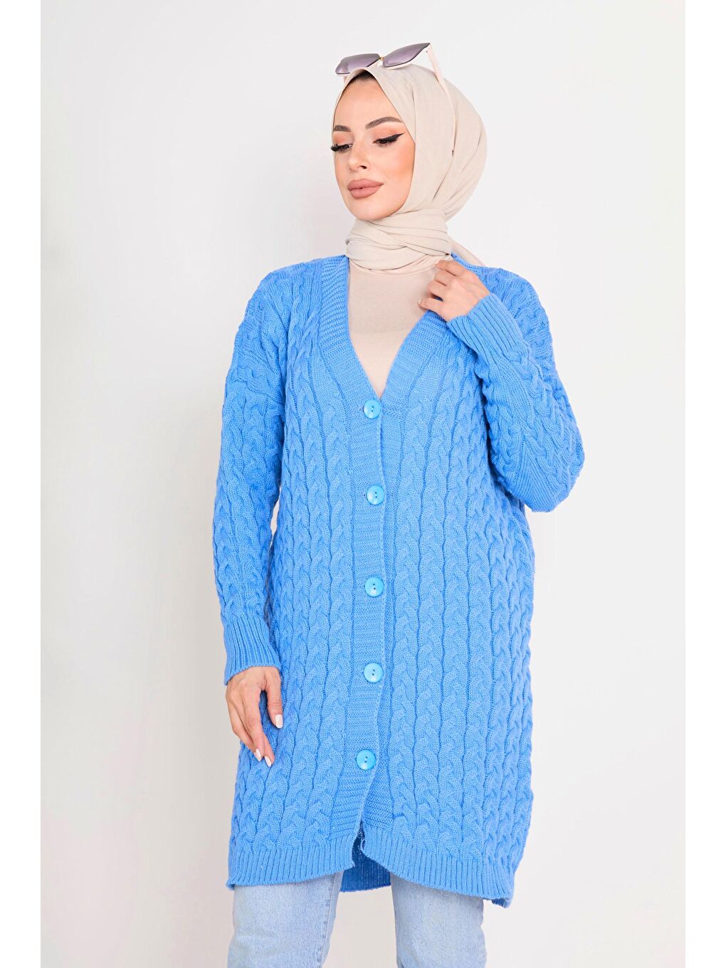 Ceket Yaka Kadın Mavi Triko Hırka - 23093-1