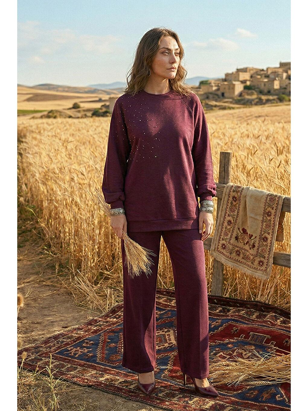 Taş Zımba Detay Tunik Pantolon Takım 1076 Mürdüm-1