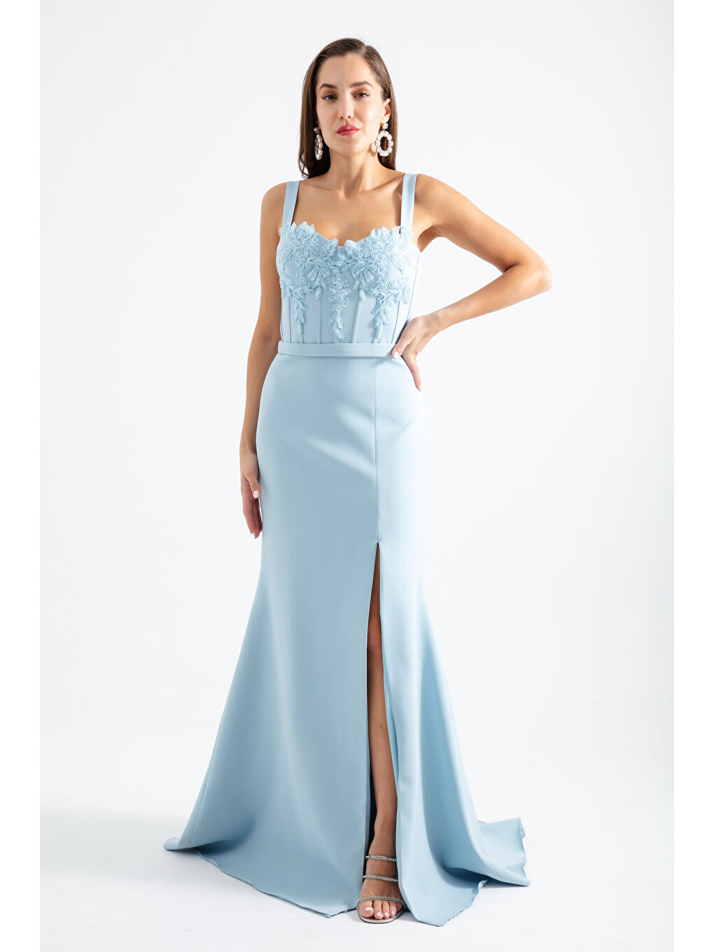 Kadın Bebe Mavi Taşlı Balen Korse Yırtmaçlı Uzun Abiye