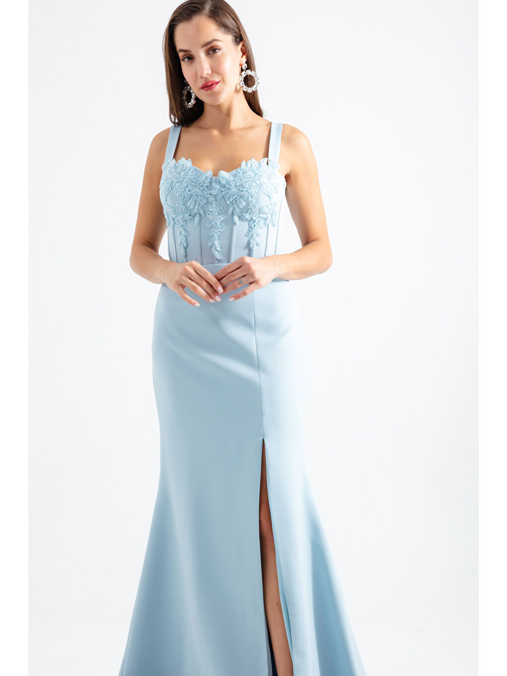 Kadın Bebe Mavi Taşlı Balen Korse Yırtmaçlı Uzun Abiye-1