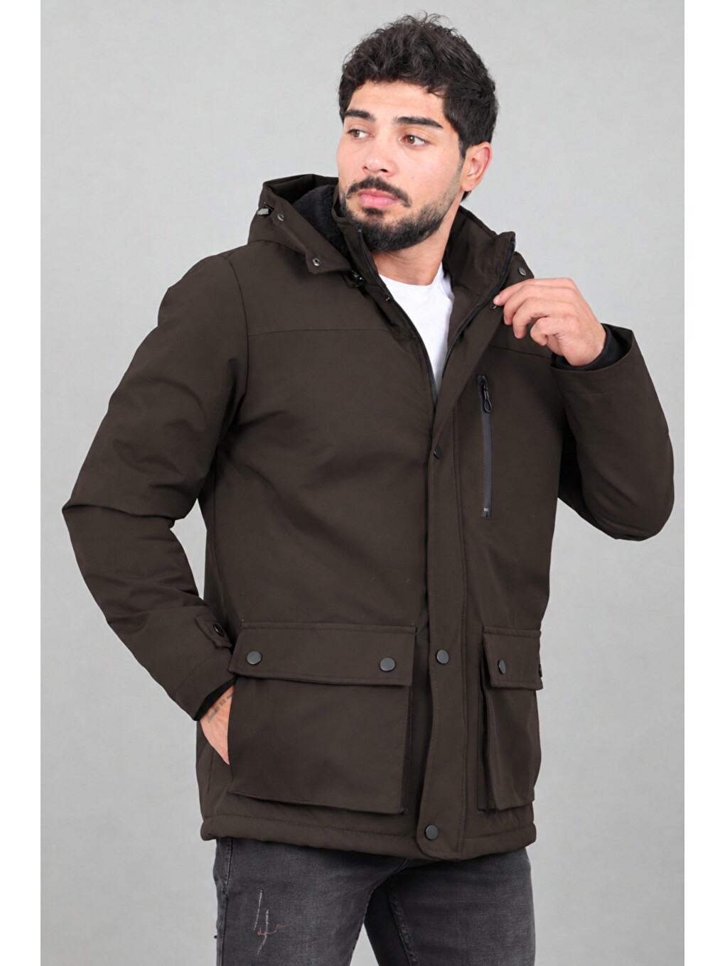 Kahverengi Box Kumaş Torba Cep İçi Kürklü Kışlık Mont Kaban Pldp 3037_50526-1