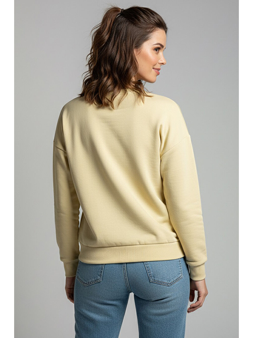 Ekru Baskılı İki İplik Sweatshirt Krem - 27992-KREM-3