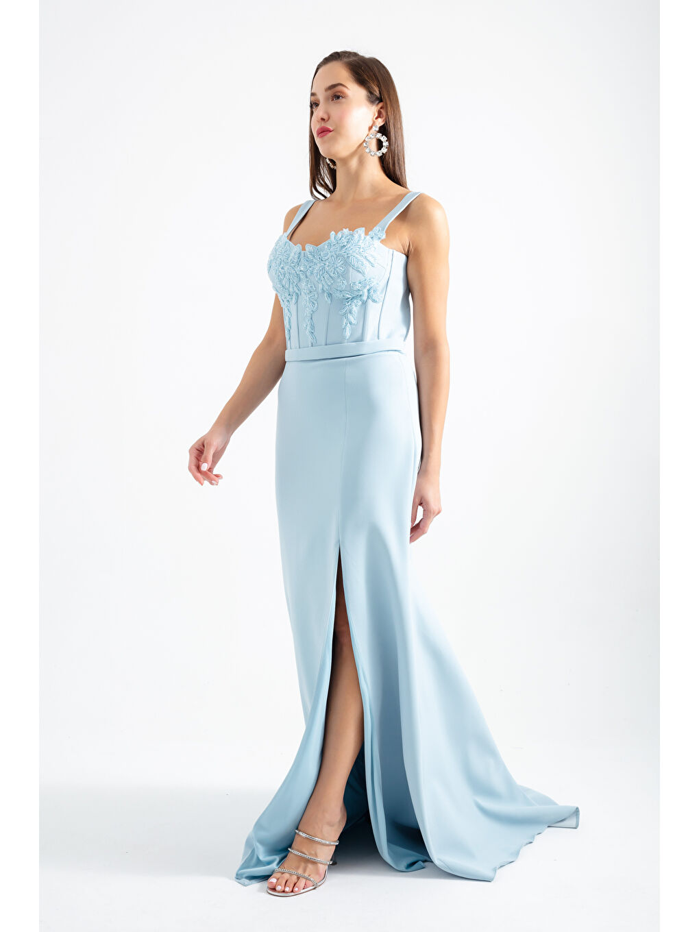 Kadın Bebe Mavi Taşlı Balen Korse Yırtmaçlı Uzun Abiye-3
