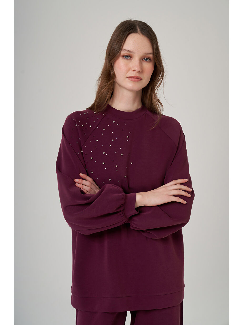 Taş Zımba Detay Tunik Pantolon Takım 1076 Mürdüm-2