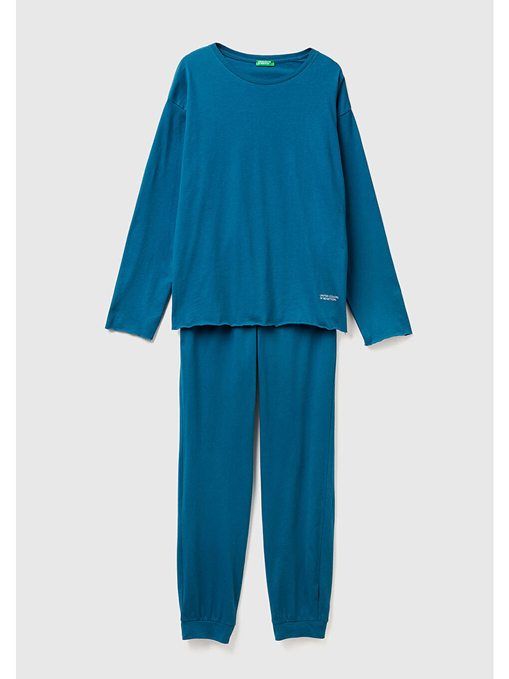 Kadın Mavi %100 Pamuk Üstü Bisiklet Yaka Altı Logolu Pijama Takımı