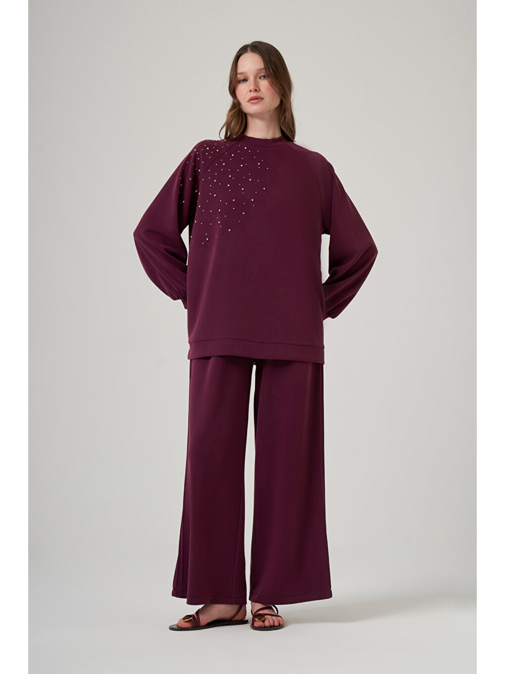 Taş Zımba Detay Tunik Pantolon Takım 1076 Mürdüm-3
