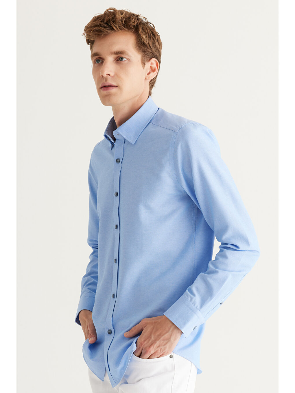 Erkek Mavi Slim Fit Dar Kesim Düğmeli Yaka Uzun Kollu Oxford Gömlek-1