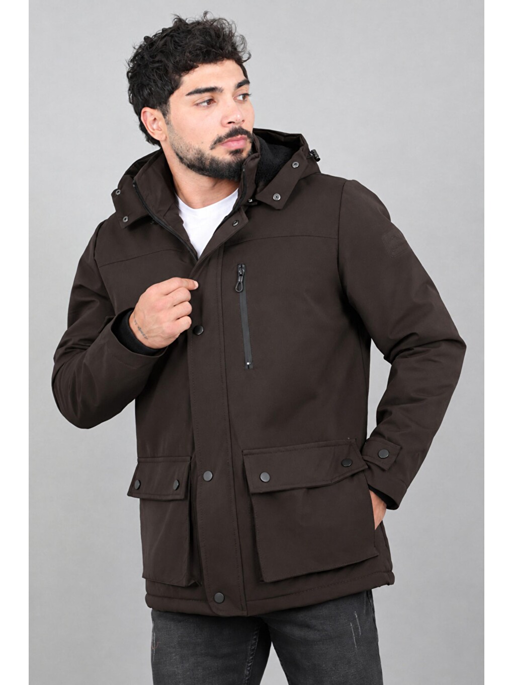 Kahverengi Box Kumaş Torba Cep İçi Kürklü Kışlık Mont Kaban Pldp 3037_50526-2