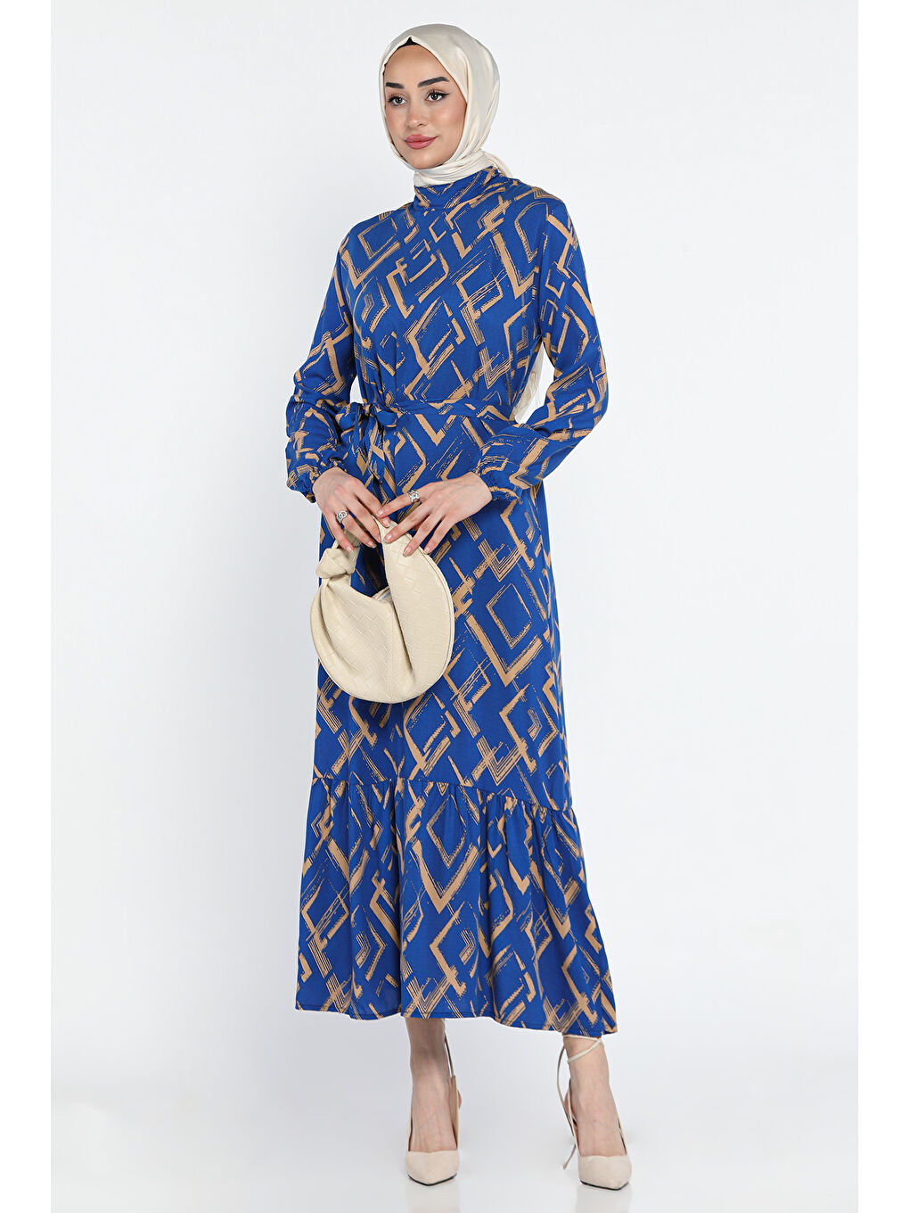 Mavi Desenli Bel Kuşaklı Tesettür Viskon Elbise