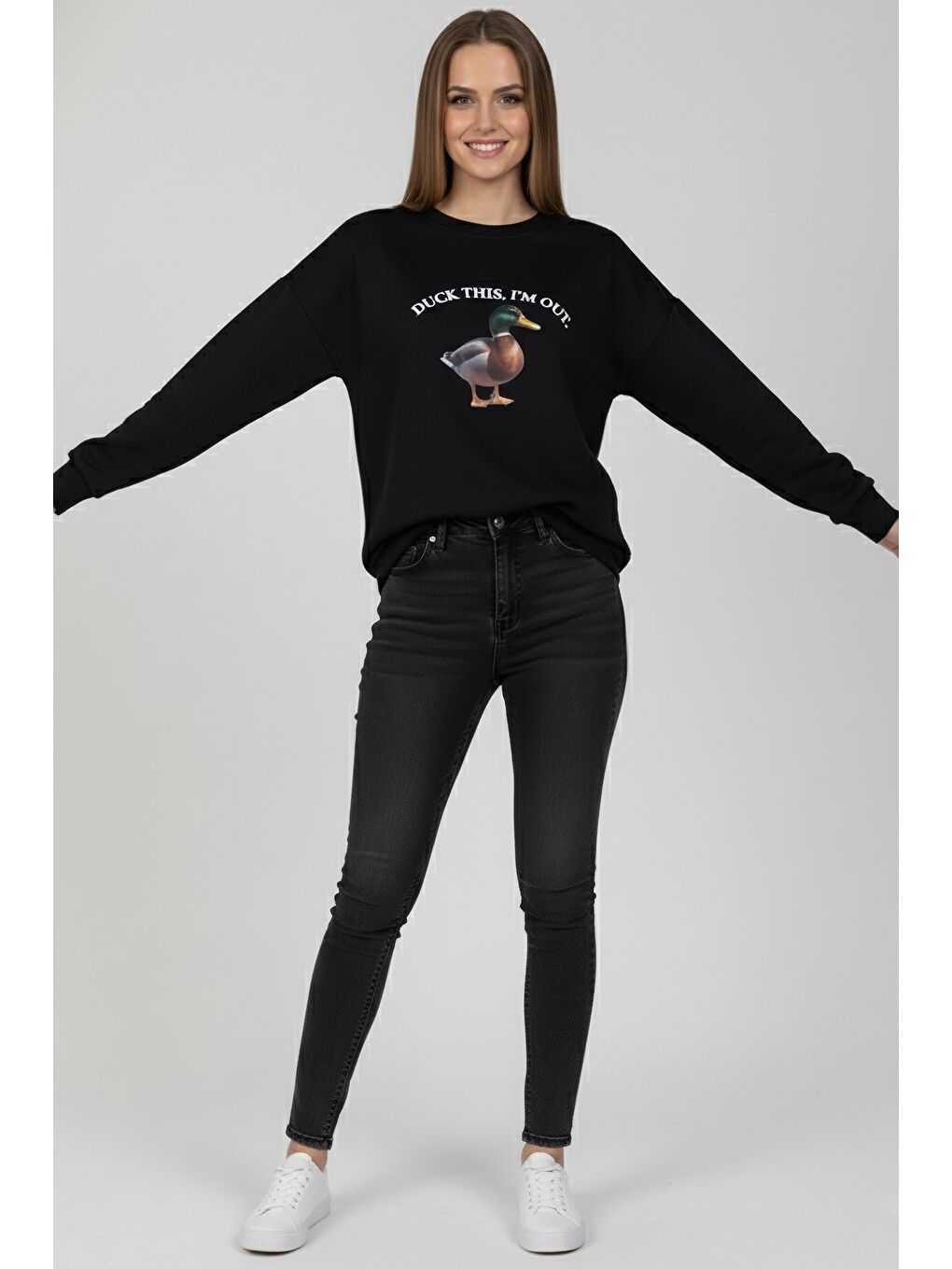 Baskılı İki İplik Sweatshirt Siyah - 27991-SIYAH