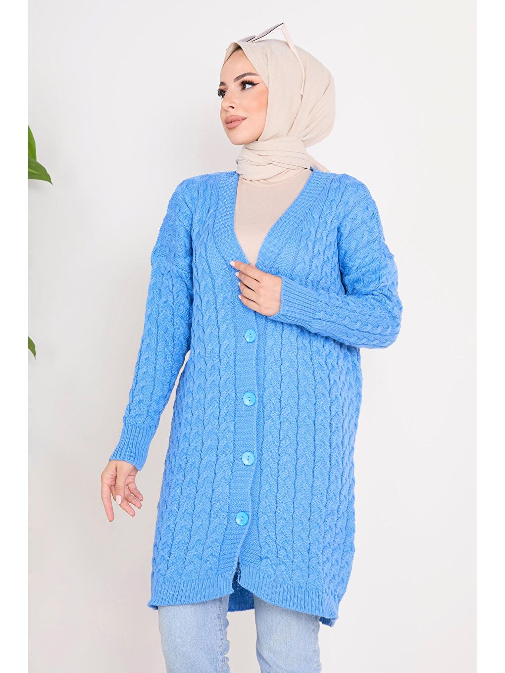 Ceket Yaka Kadın Mavi Triko Hırka - 23093-2