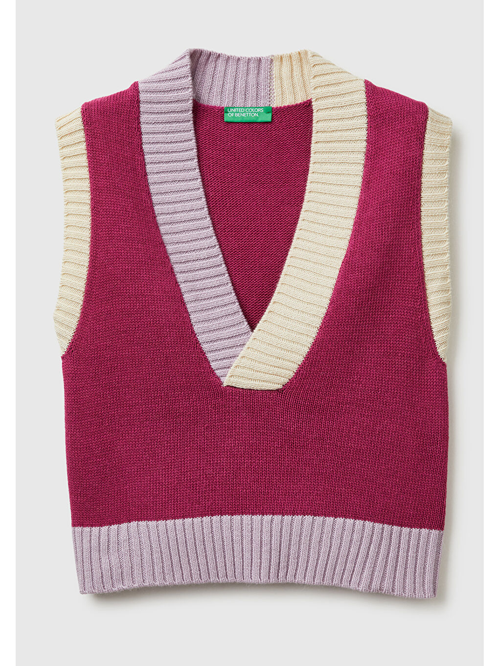 Kadın Koyu Pembe Akrilik ve Yün Karışımlı Ribana Detaylı V Yaka Kolsuz Kazak-1