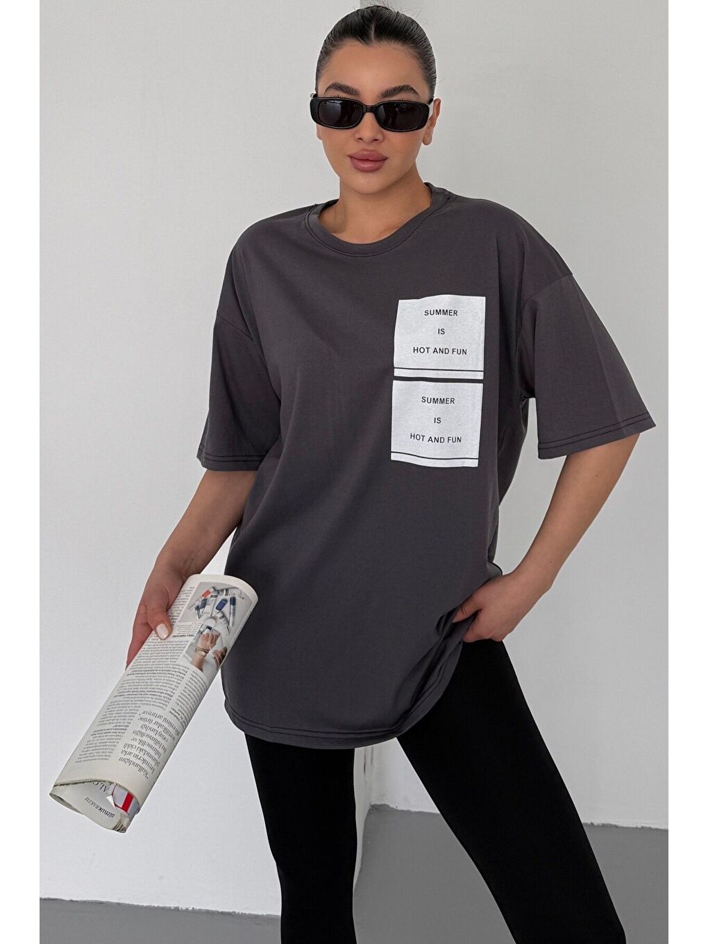 Gri Kadın Antrasit Bisiklet Yaka Summer Baskılı Oversize T Shirt