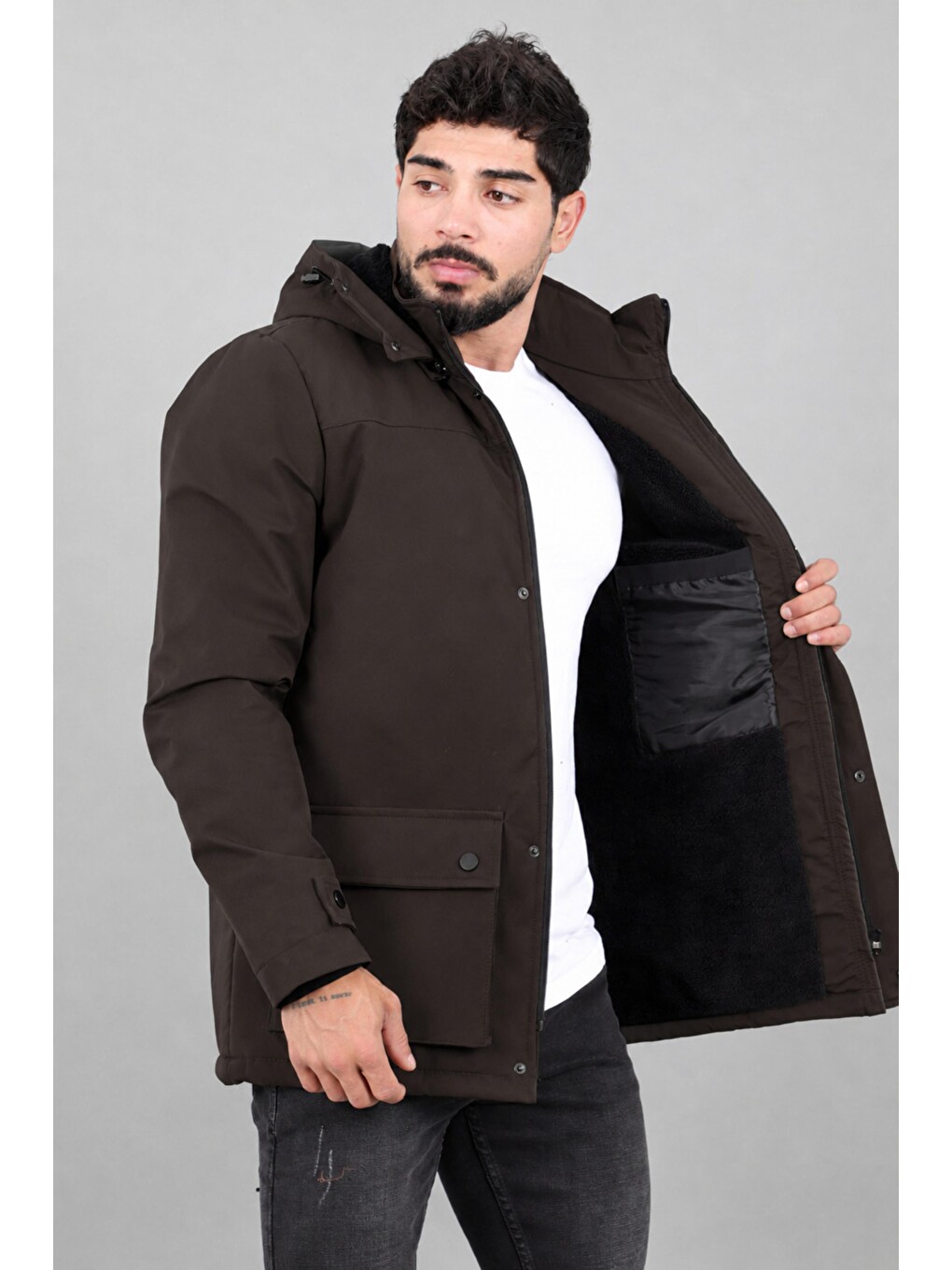 Kahverengi Box Kumaş Torba Cep İçi Kürklü Kışlık Mont Kaban Pldp 3037_50526-3
