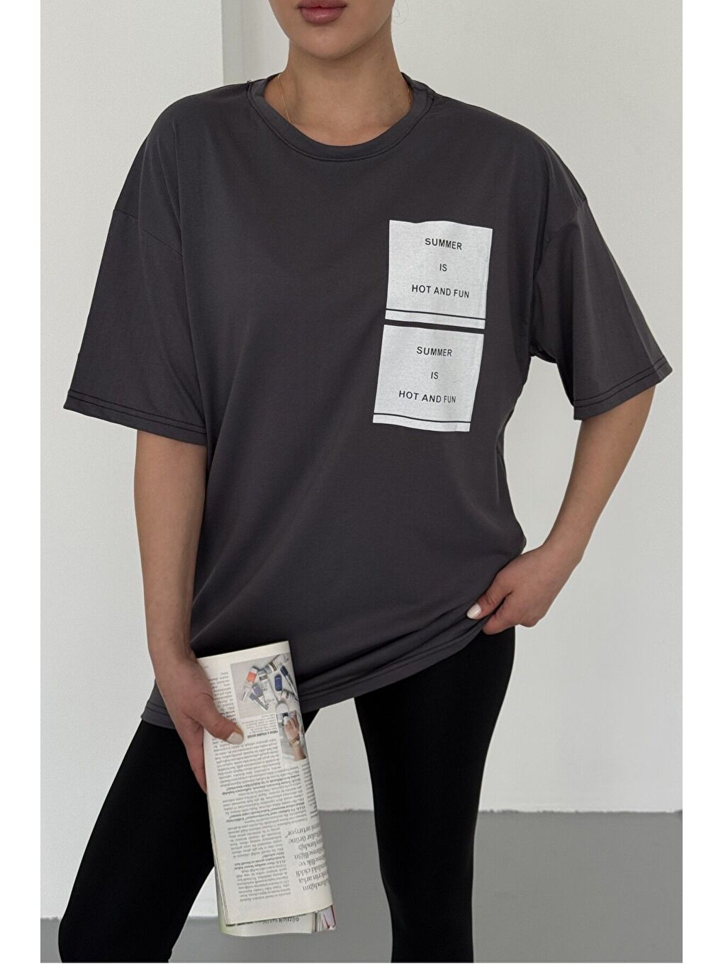 Gri Kadın Antrasit Bisiklet Yaka Summer Baskılı Oversize T Shirt-1