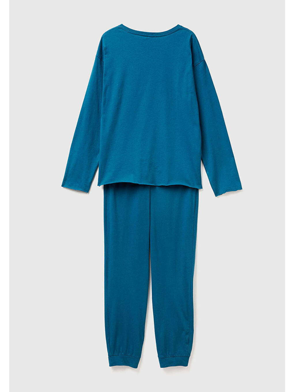 Kadın Mavi %100 Pamuk Üstü Bisiklet Yaka Altı Logolu Pijama Takımı-1