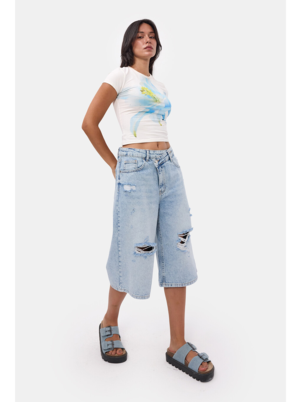 Mavi Kadın Ice 12s6-3 Kemer Detaylı Maxi Denim Bermuda Jort-2
