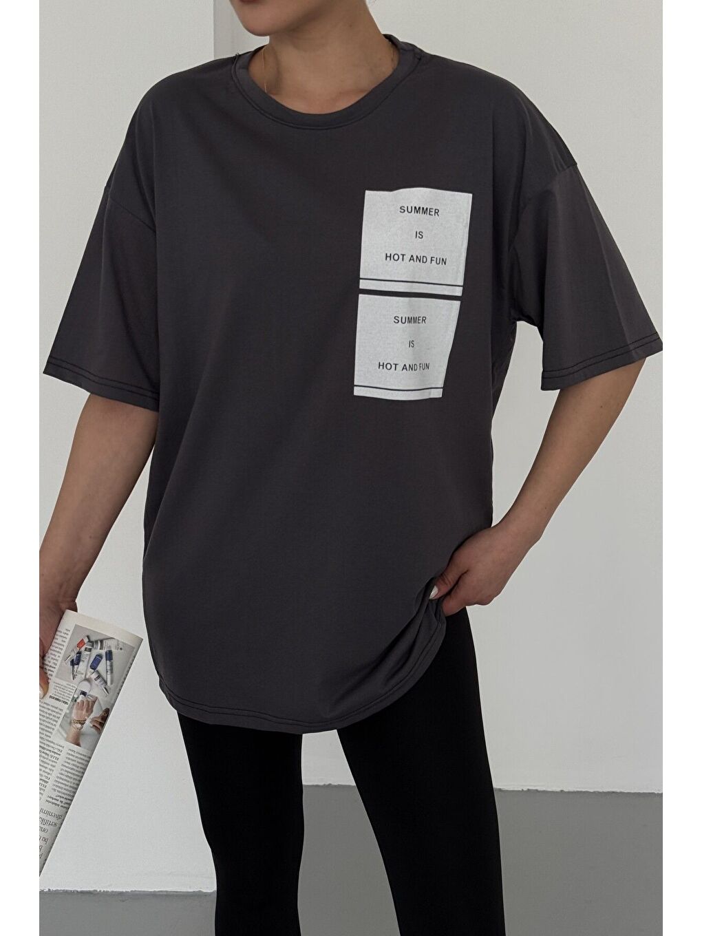 Gri Kadın Antrasit Bisiklet Yaka Summer Baskılı Oversize T Shirt-2