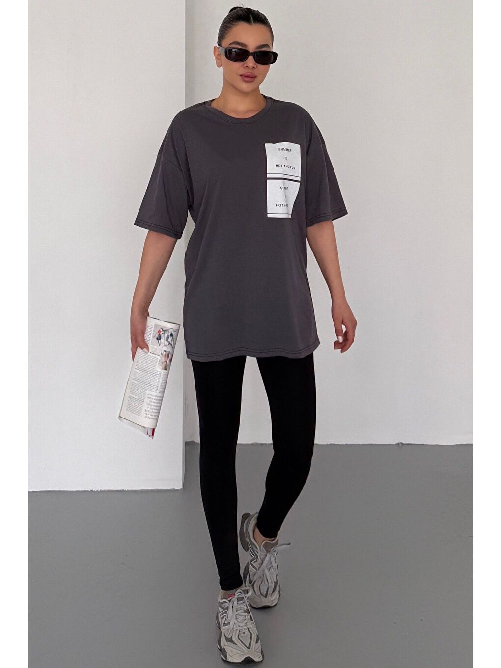 Gri Kadın Antrasit Bisiklet Yaka Summer Baskılı Oversize T Shirt-3