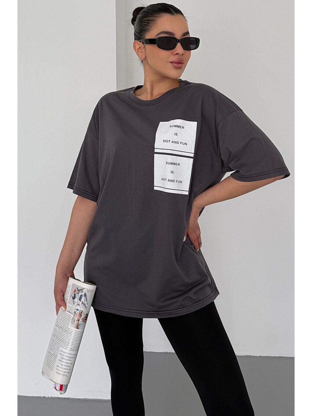 Gri Kadın Antrasit Bisiklet Yaka Summer Baskılı Oversize T Shirt-4