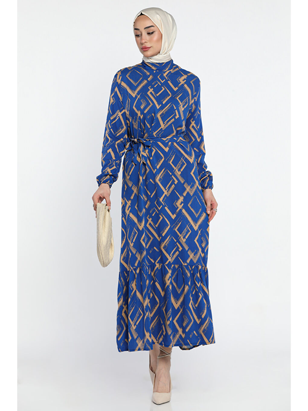 Mavi Desenli Bel Kuşaklı Tesettür Viskon Elbise-3