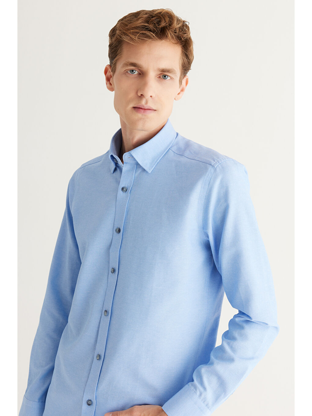 Erkek Mavi Slim Fit Dar Kesim Düğmeli Yaka Uzun Kollu Oxford Gömlek-2